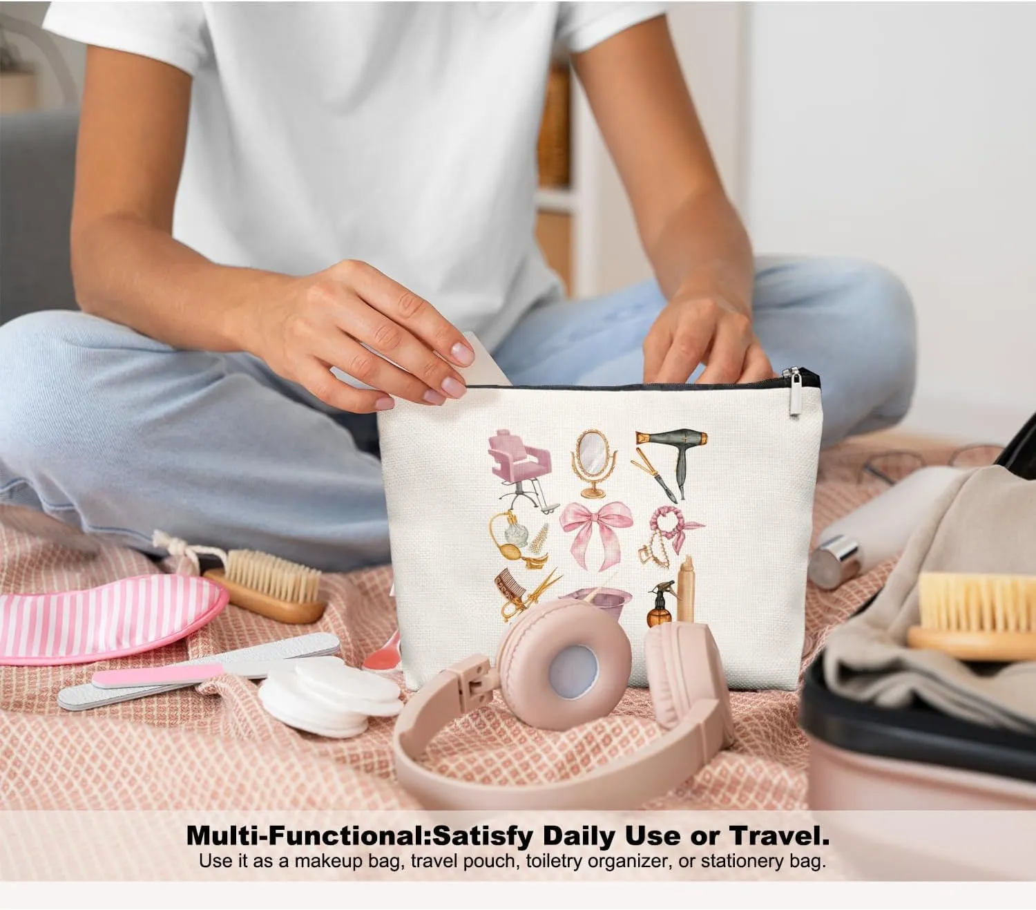 Pink Hairstylist Makeup Bag for Women, Cosmetology Student Gifts, Hairdresser Travel Cosmetic Organizer Pouch, Cute Salon Accessories for Teen Girls, Aesthetic Beauty Bag 7.5 x 10 in