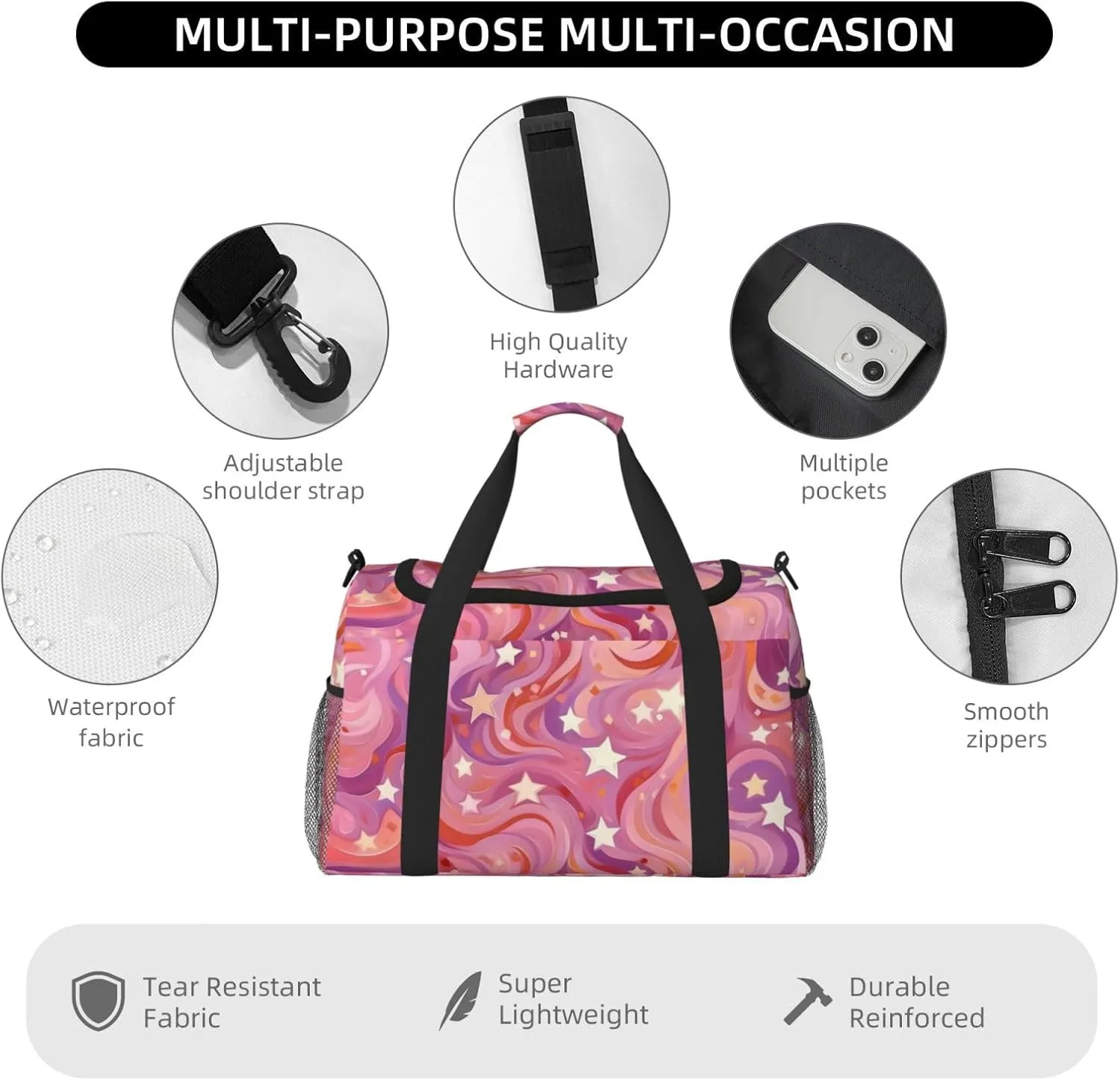 Pink Marble Star Duffle Bag Foldable Travel Tote Bag Carry On Large Weekender Overnight Bags Waterproof Gym Bag For Women Men