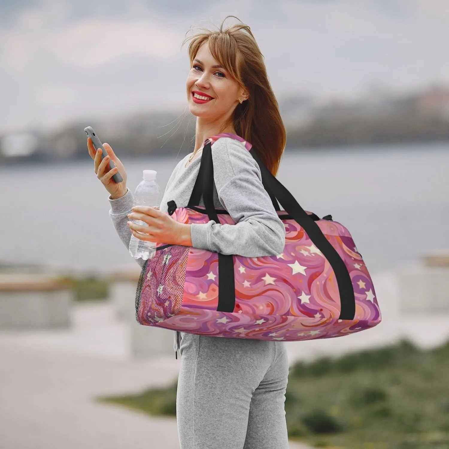 Pink Marble Star Duffle Bag Foldable Travel Tote Bag Carry On Large Weekender Overnight Bags Waterproof Gym Bag For Women Men