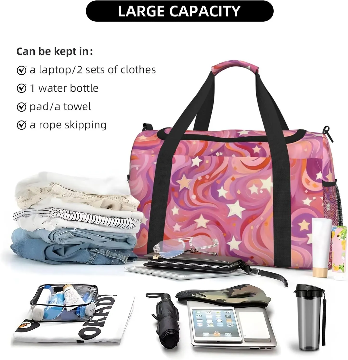 Pink Marble Star Duffle Bag Foldable Travel Tote Bag Carry On Large Weekender Overnight Bags Waterproof Gym Bag For Women Men
