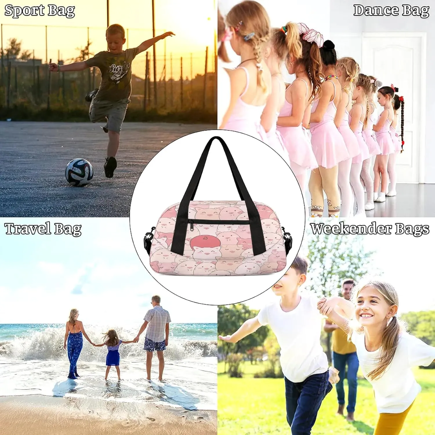 Pink Pig Pattern Kids Duffel Bag Lightweight Waterproof Sports Gym Bag with Front Zipper Pocket Foldable Weekender Overnight Bag for School Practice Gymnastic Ballet