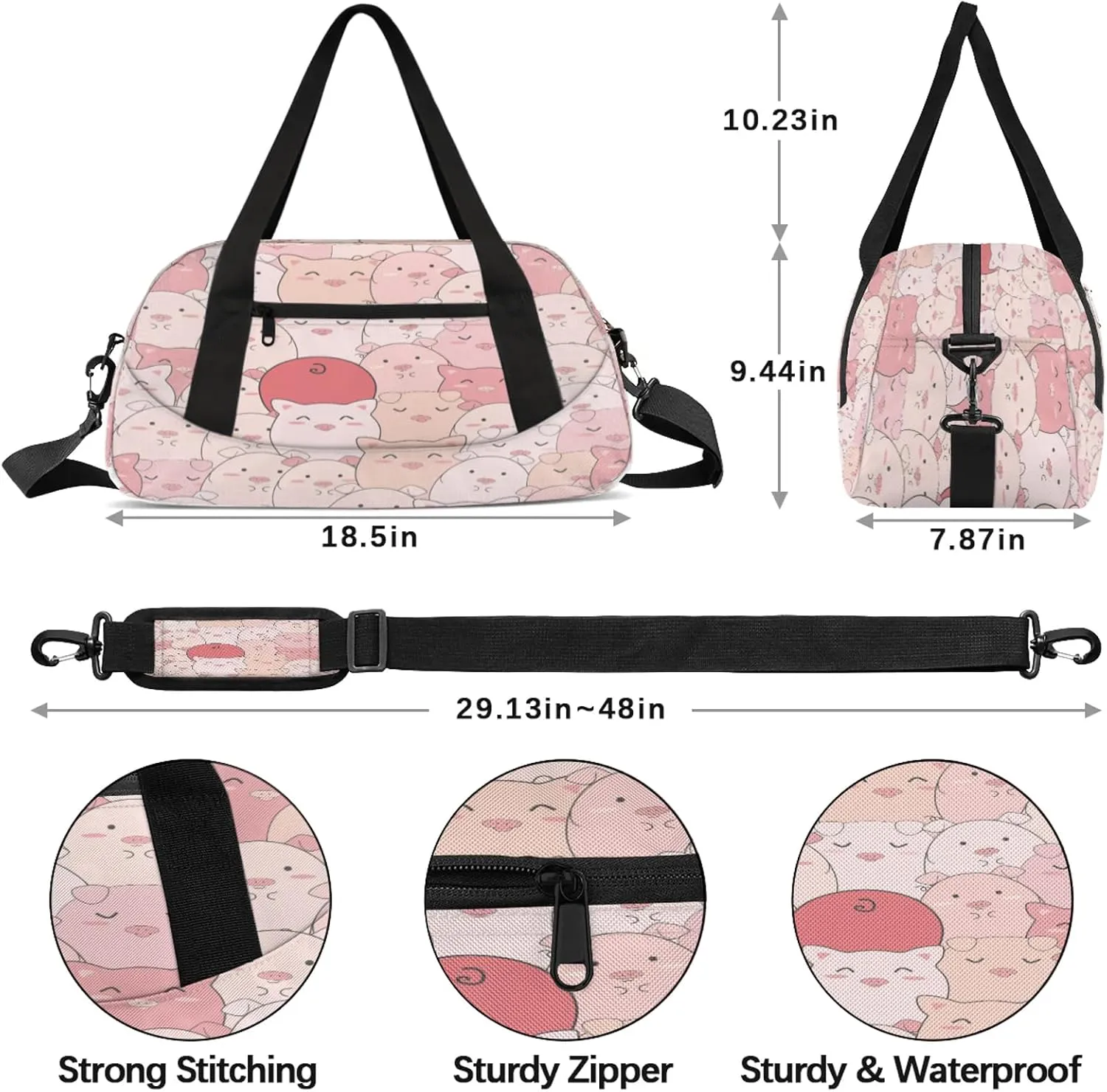 Pink Pig Pattern Kids Duffel Bag Lightweight Waterproof Sports Gym Bag with Front Zipper Pocket Foldable Weekender Overnight Bag for School Practice Gymnastic Ballet