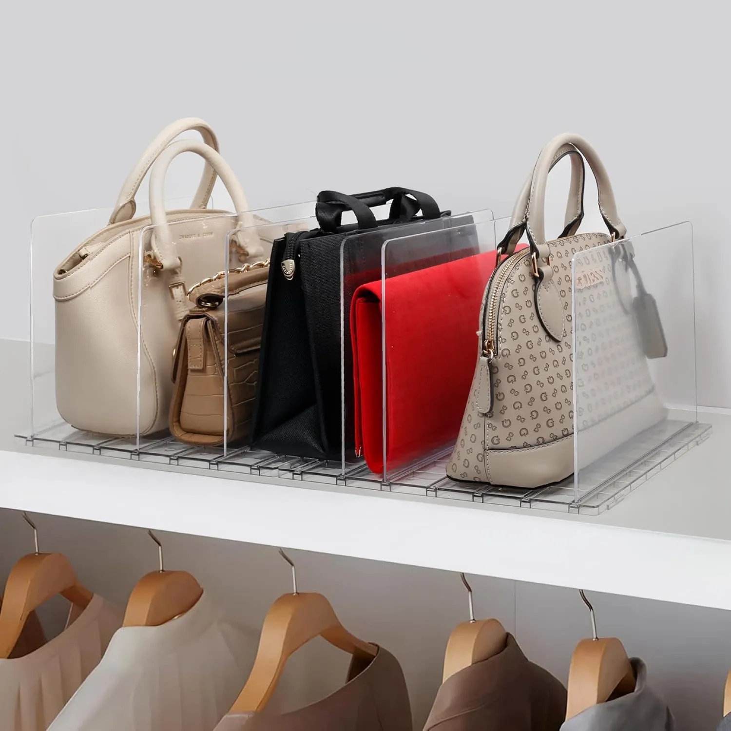 Plastic Purse Organizer Closet – Pack of 4 Handbag Organizer with Adjustable Dividers & Sturdy Base – Purse Storage Organizer for Closet, Space-Saving Handbag Storage Organizer for Shelves