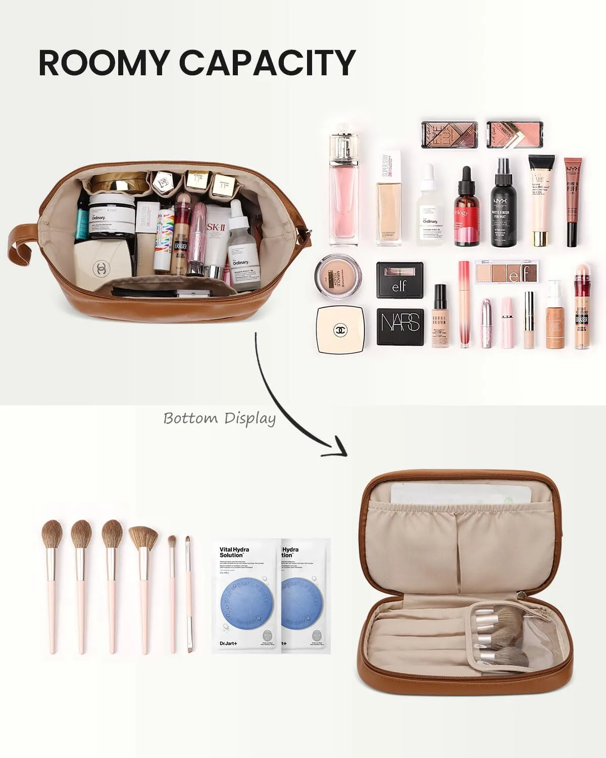 Pocmimut Leather Cosmetic Bag for Women 2-in-1 Portable Drawstring Travel Makeup Bag with Mirror Large Double Layer Make Up Brush Bags(Brown)