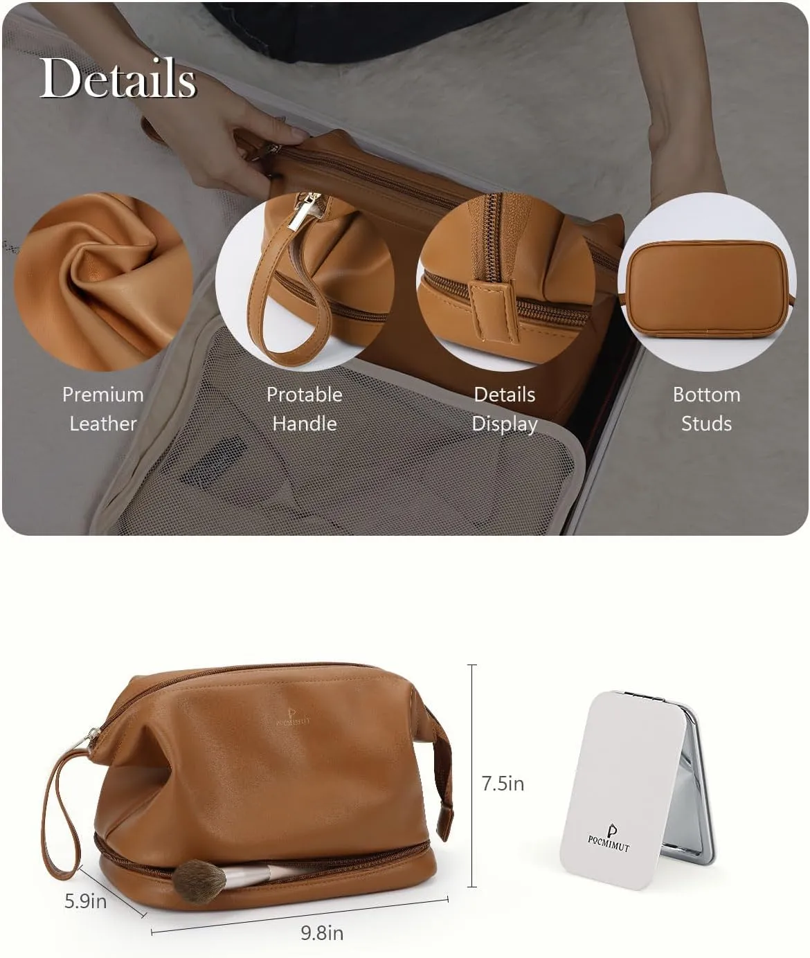 Pocmimut Leather Cosmetic Bag for Women 2-in-1 Portable Drawstring Travel Makeup Bag with Mirror Large Double Layer Make Up Brush Bags(Brown)