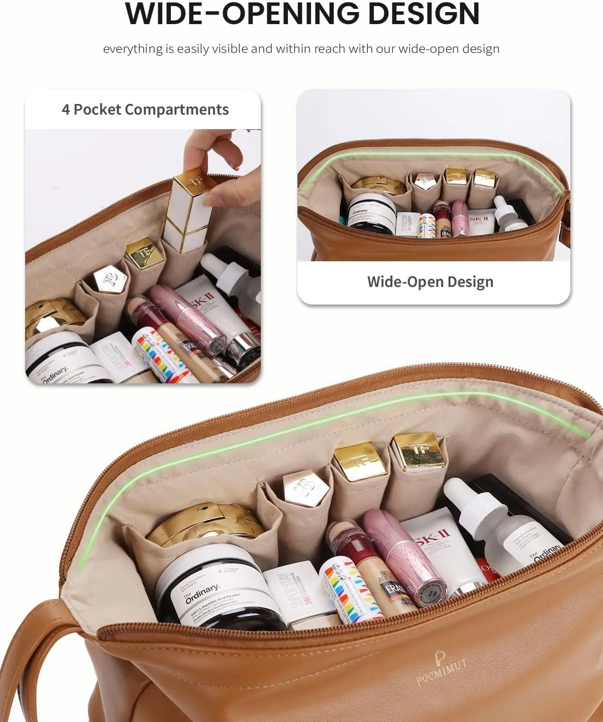 Pocmimut Leather Cosmetic Bag for Women 2-in-1 Portable Drawstring Travel Makeup Bag with Mirror Large Double Layer Make Up Brush Bags(Brown)