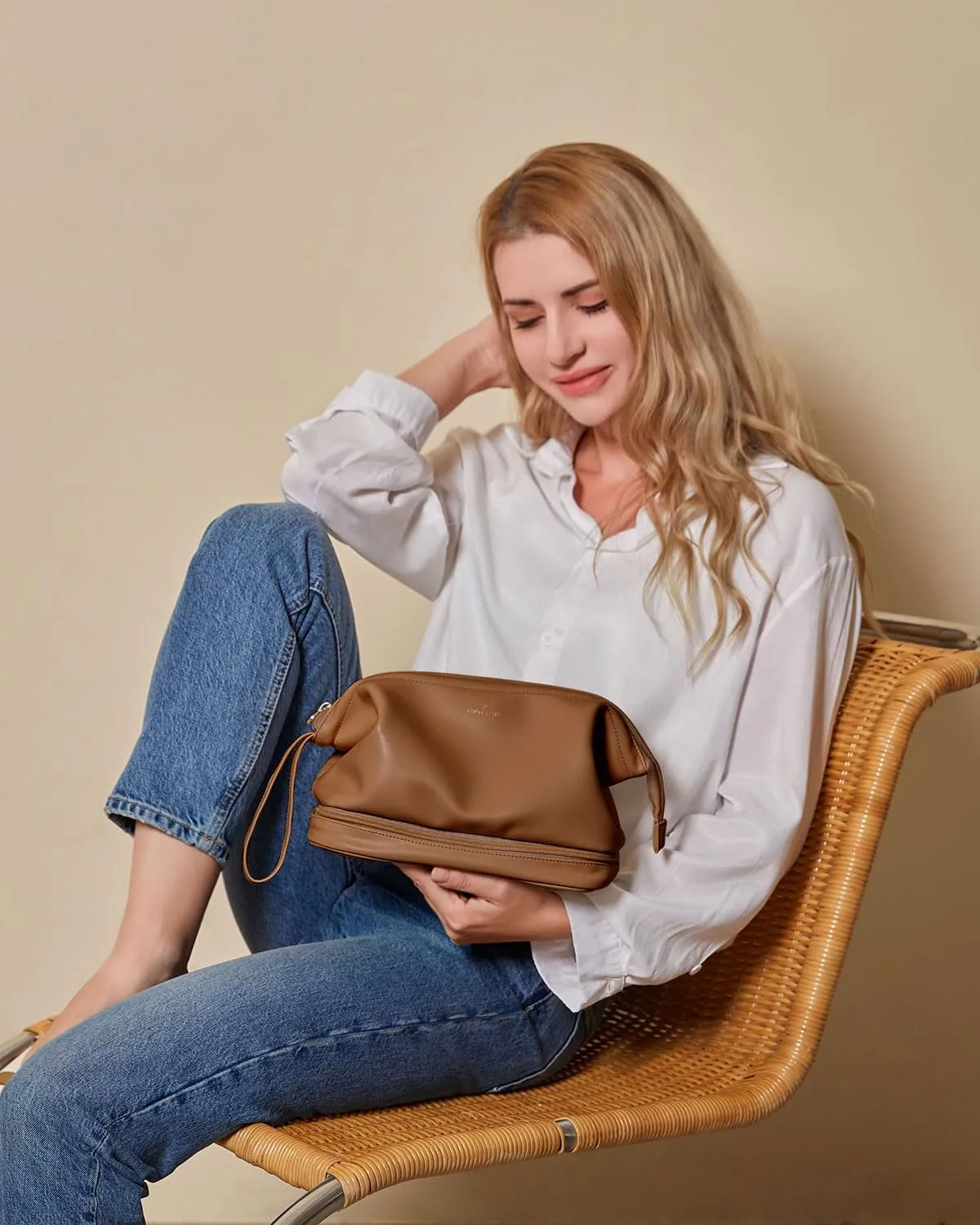 Pocmimut Leather Cosmetic Bag for Women 2-in-1 Portable Drawstring Travel Makeup Bag with Mirror Large Double Layer Make Up Brush Bags(Brown)
