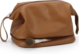 Pocmimut Leather Cosmetic Bag for Women 2-in-1 Portable Drawstring Travel Makeup Bag with Mirror Large Double Layer Make Up Brush Bags(Brown)