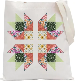 POFULL Quilting Shoulder Bag Floral Quilt Square Gift Quilt Block Gift Seamstresses Tote Bag