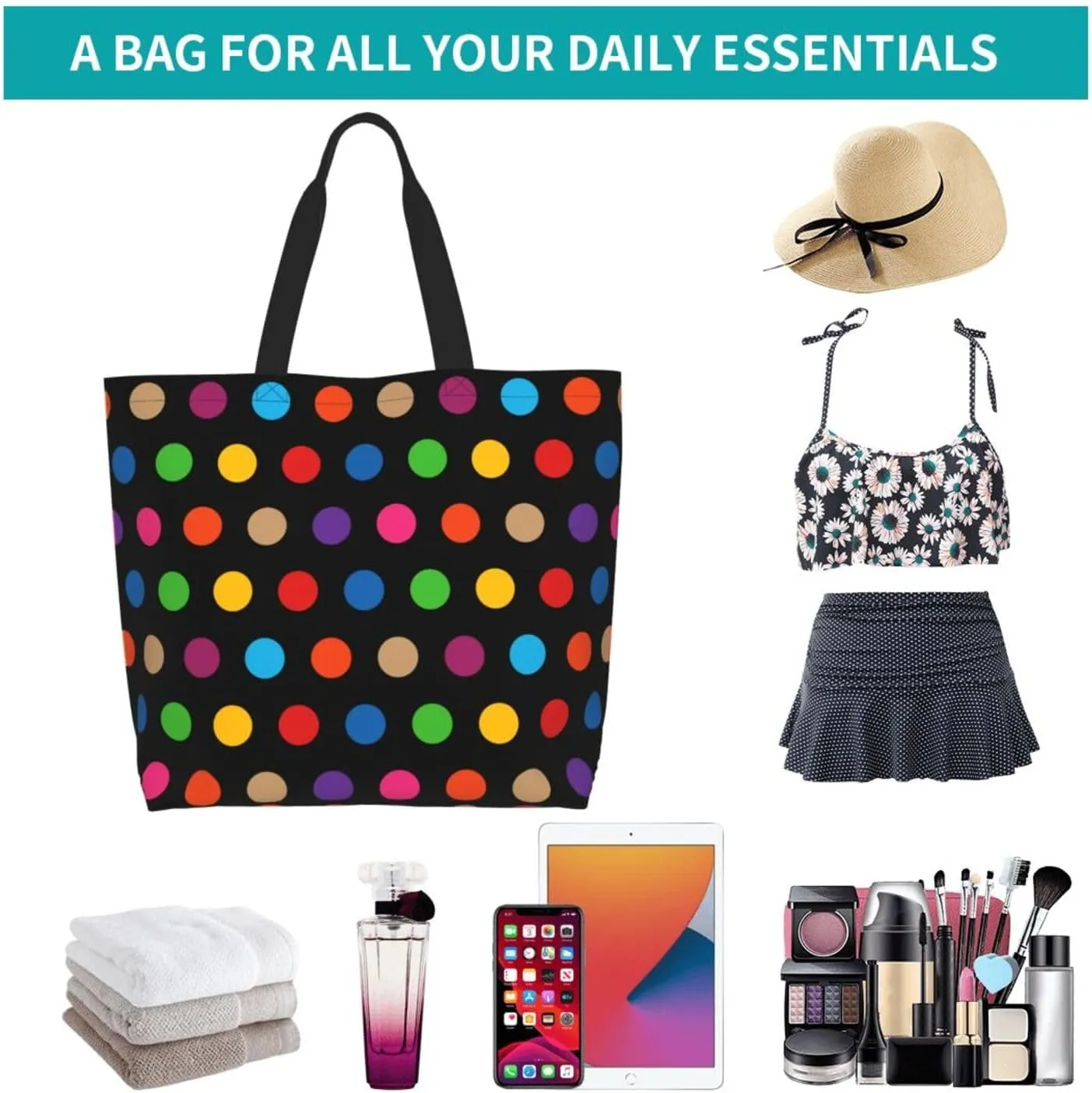 Polka Dots Tote Bag for Women,Reusable Colorful Shopping Grocery Shoulder Bags Large Capacity Handbags