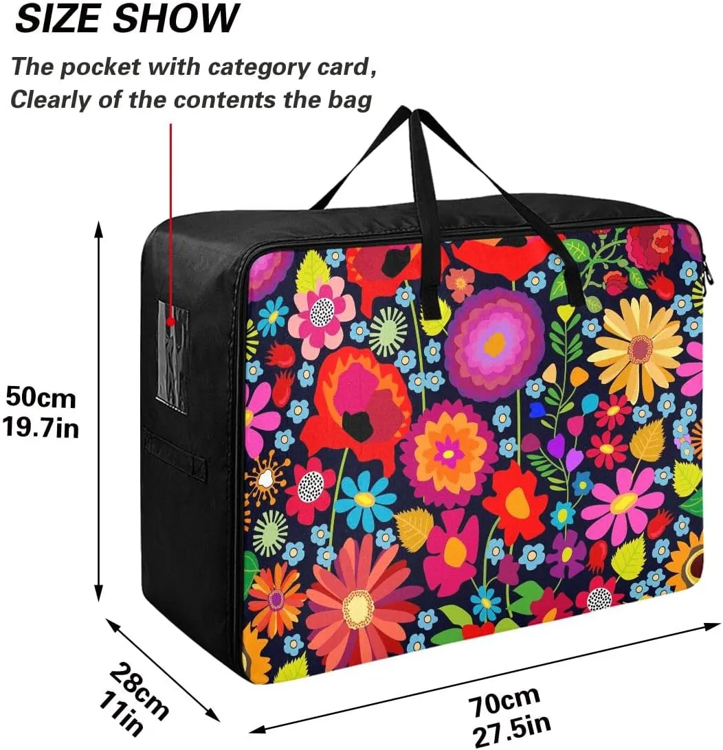 Poppies and Sunflowers on Black Background Storage Bag, 27.5x19.7x11 In, Garment Storage Organizer Travel Cargo Duffel Bags Collapsible Storage Totes for Storing, Camping, Packing and Moving Supplies