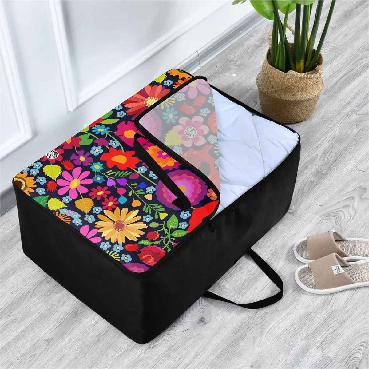 Poppies and Sunflowers on Black Background Storage Bag, 27.5x19.7x11 In, Garment Storage Organizer Travel Cargo Duffel Bags Collapsible Storage Totes for Storing, Camping, Packing and Moving Supplies