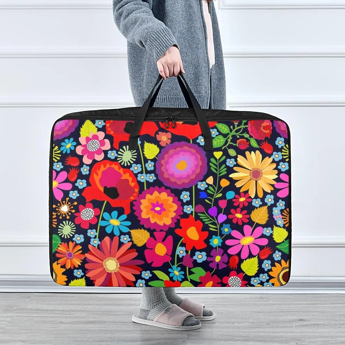 Poppies and Sunflowers on Black Background Storage Bag, 27.5x19.7x11 In, Garment Storage Organizer Travel Cargo Duffel Bags Collapsible Storage Totes for Storing, Camping, Packing and Moving Supplies