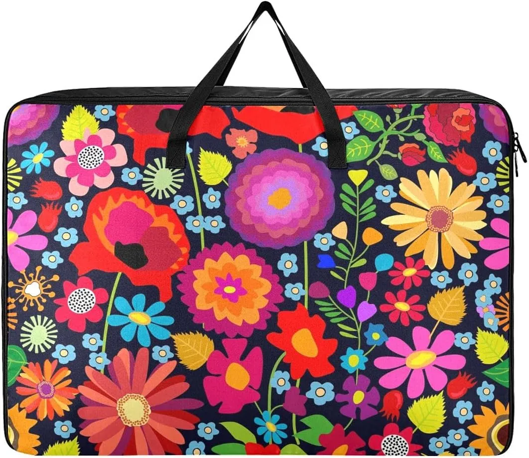 Poppies and Sunflowers on Black Background Storage Bag, 27.5x19.7x11 In, Garment Storage Organizer Travel Cargo Duffel Bags Collapsible Storage Totes for Storing, Camping, Packing and Moving Supplies