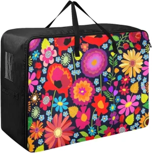 Poppies and Sunflowers on Black Background Storage Bag, 27.5x19.7x11 In, Garment Storage Organizer Travel Cargo Duffel Bags Collapsible Storage Totes for Storing, Camping, Packing and Moving Supplies