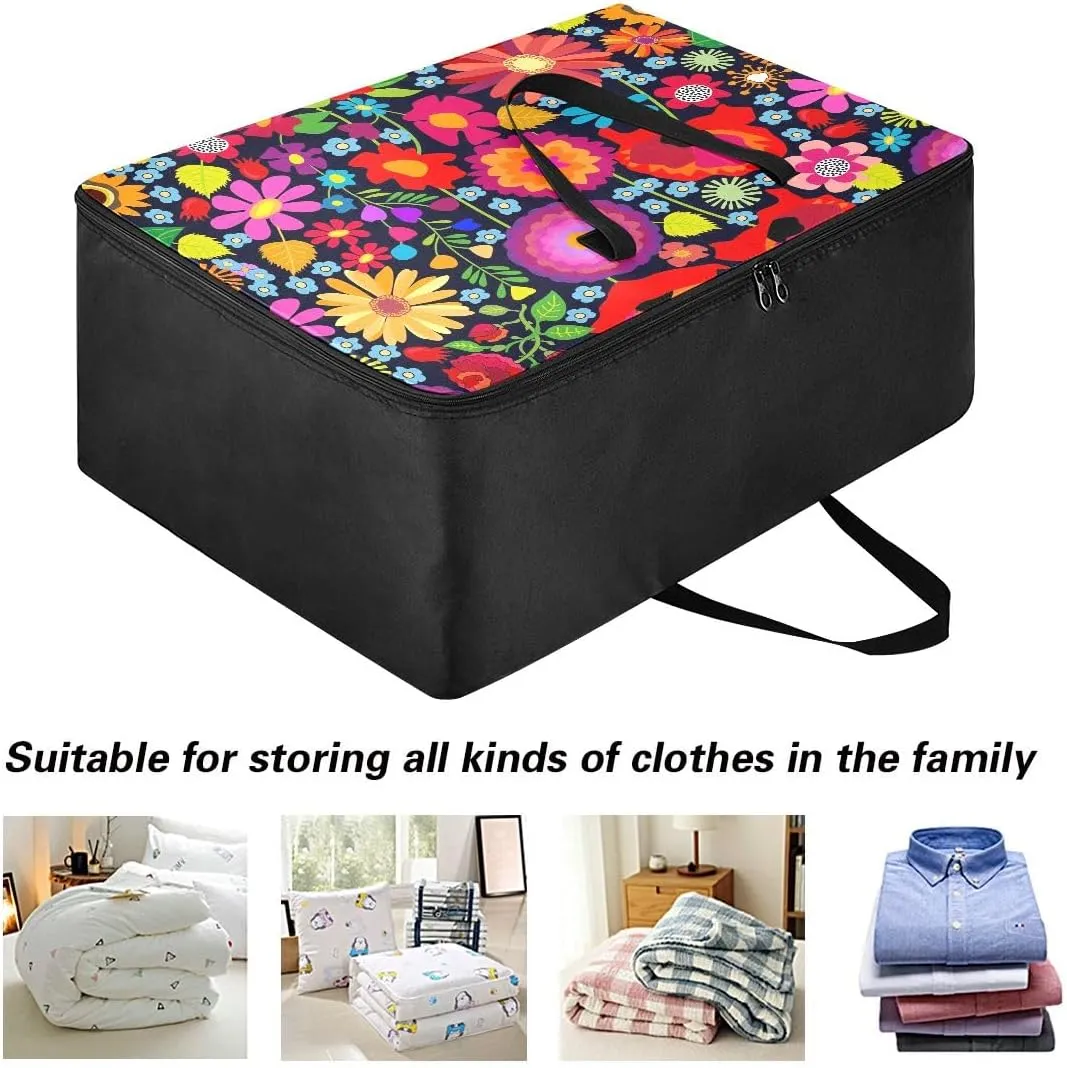 Poppies and Sunflowers on Black Background Storage Bag, 27.5x19.7x11 In, Garment Storage Organizer Travel Cargo Duffel Bags Collapsible Storage Totes for Storing, Camping, Packing and Moving Supplies