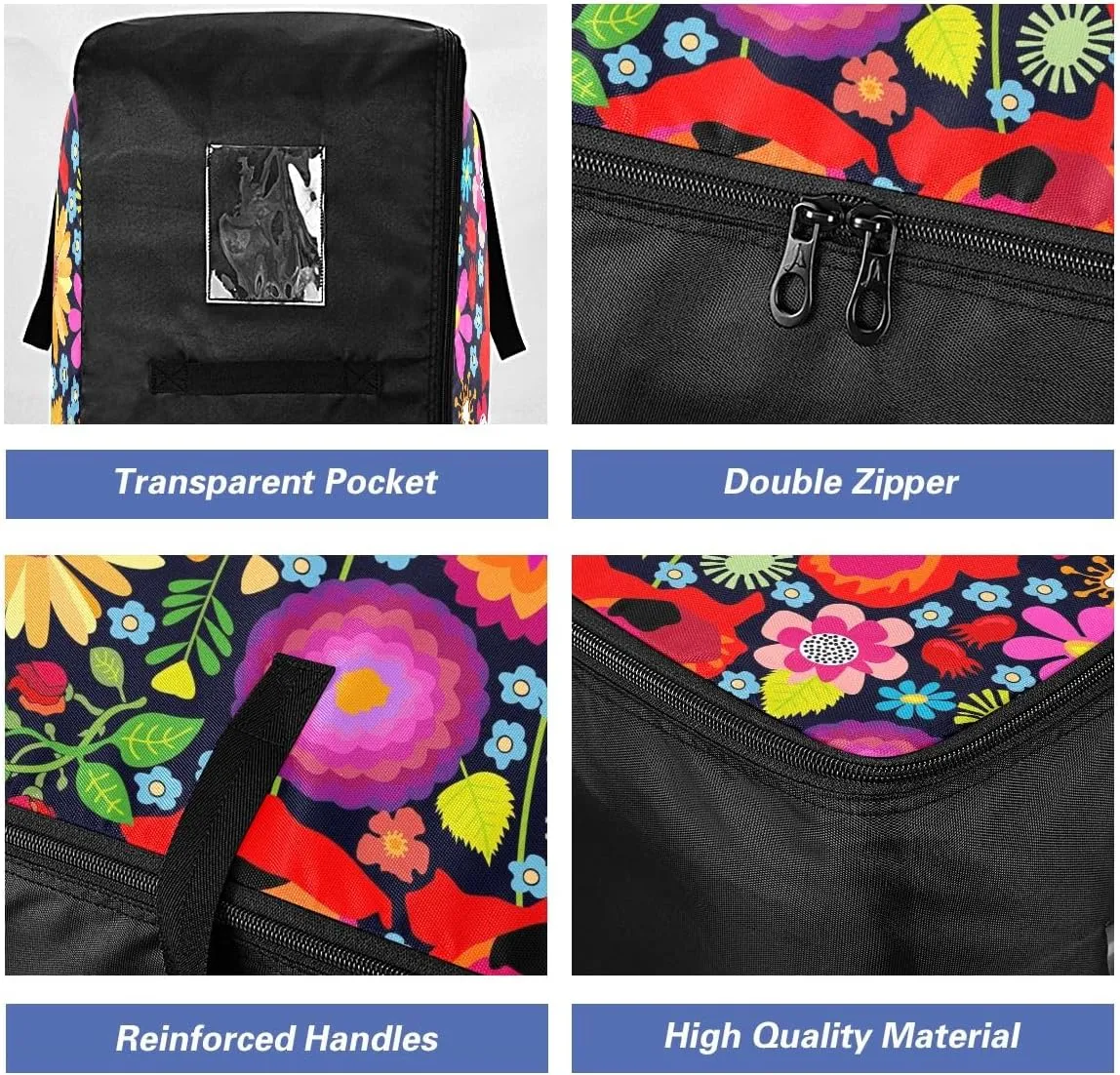 Poppies and Sunflowers on Black Background Storage Bag, 27.5x19.7x11 In, Garment Storage Organizer Travel Cargo Duffel Bags Collapsible Storage Totes for Storing, Camping, Packing and Moving Supplies