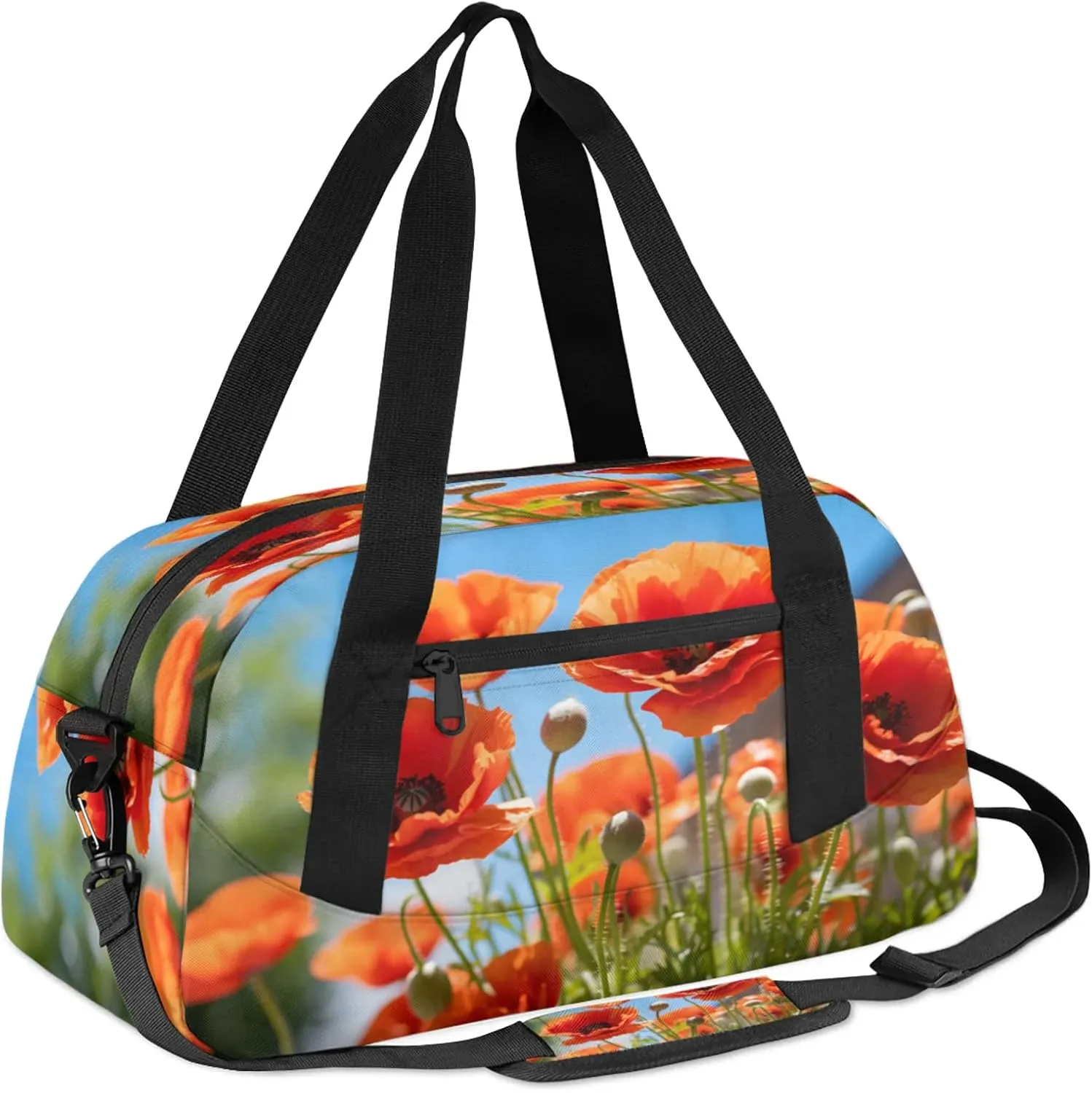 Poppy Flower Leaves Pattern Kids Duffel Bag Lightweight Waterproof Sports Gym Bag with Front Zipper Pocket Foldable Weekender Overnight Bag for School Practice Gymnastic Ballet