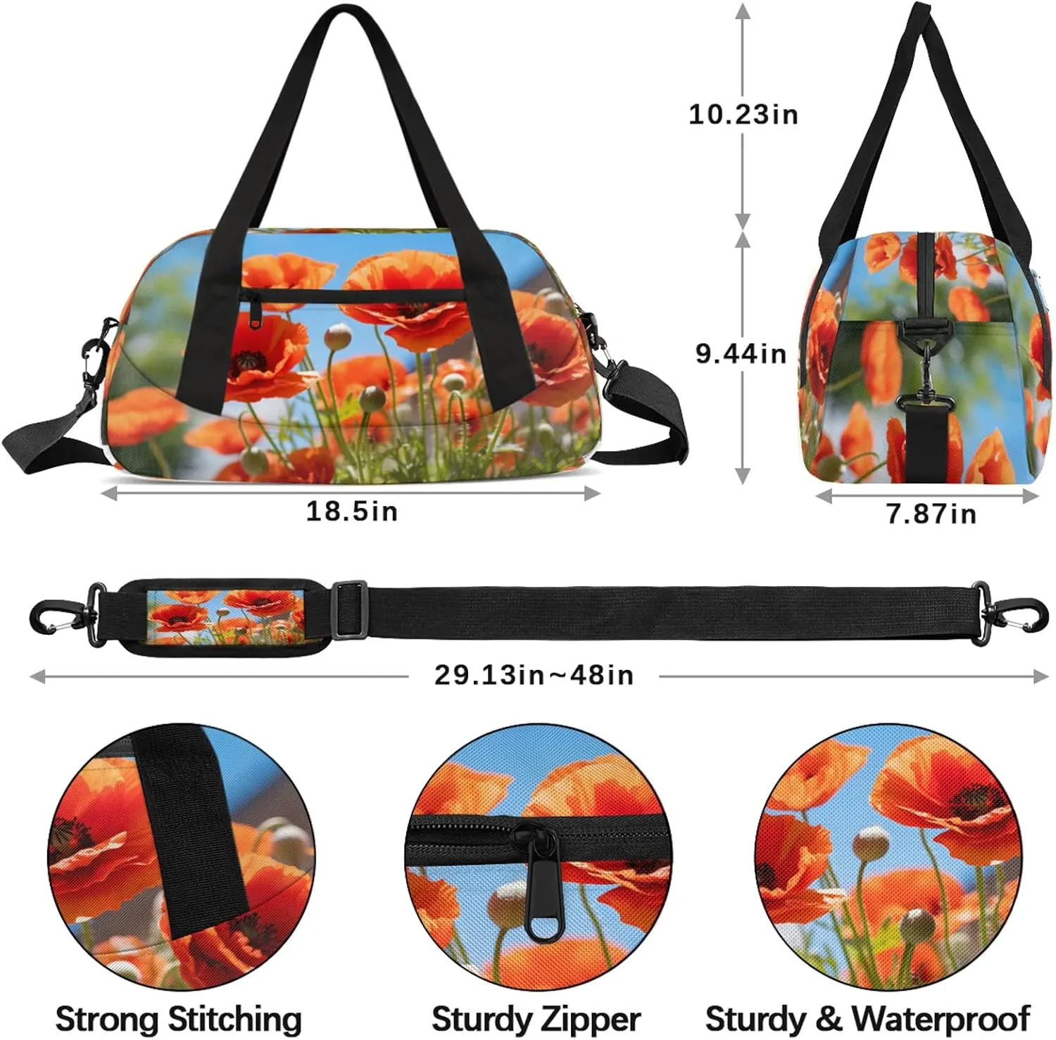 Poppy Flower Leaves Pattern Kids Duffel Bag Lightweight Waterproof Sports Gym Bag with Front Zipper Pocket Foldable Weekender Overnight Bag for School Practice Gymnastic Ballet