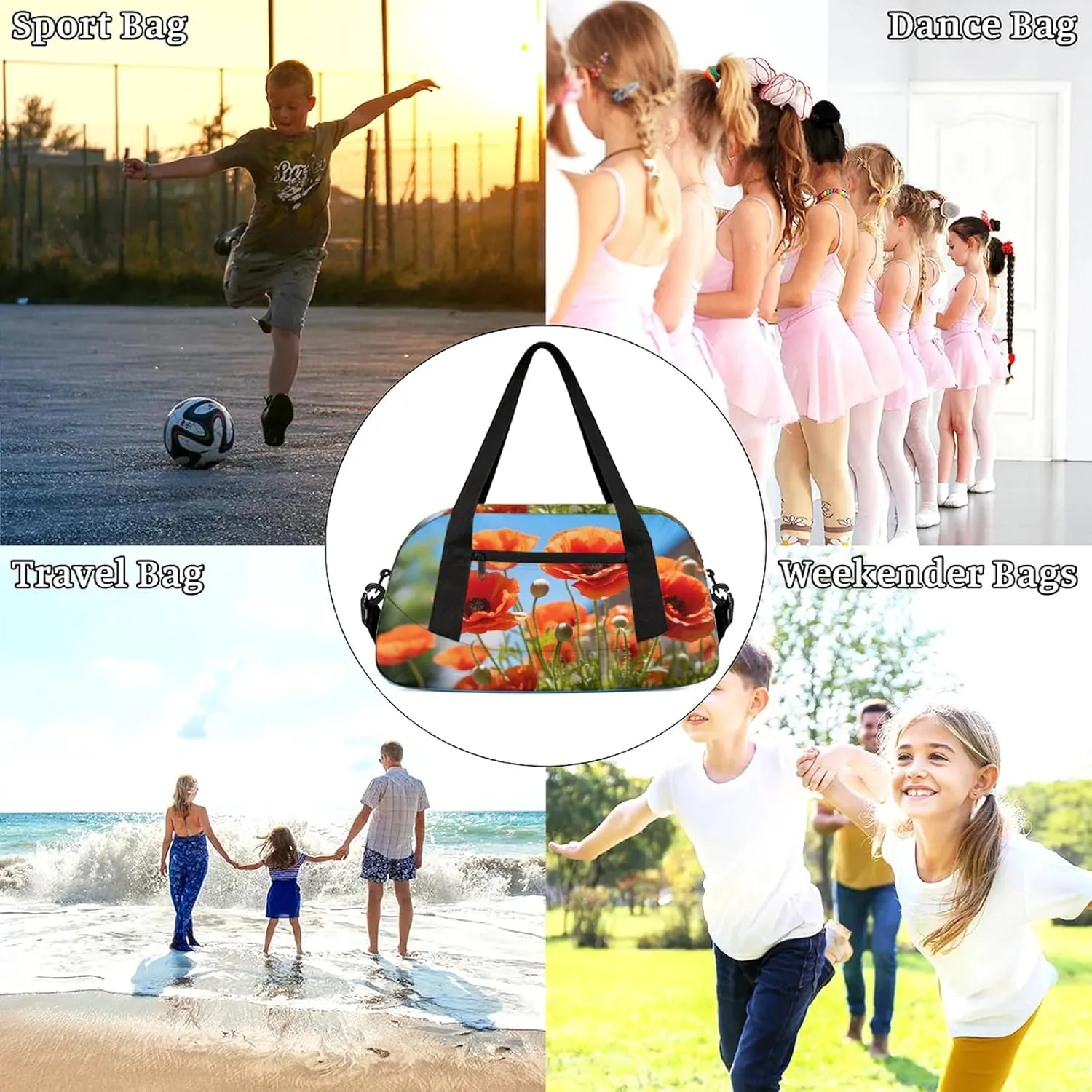 Poppy Flower Leaves Pattern Kids Duffel Bag Lightweight Waterproof Sports Gym Bag with Front Zipper Pocket Foldable Weekender Overnight Bag for School Practice Gymnastic Ballet