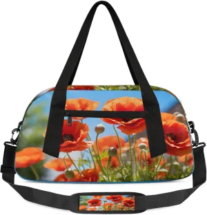Poppy Flower Leaves Pattern Kids Duffel Bag Lightweight Waterproof Sports Gym Bag with Front Zipper Pocket Foldable Weekender Overnight Bag for School Practice Gymnastic Ballet