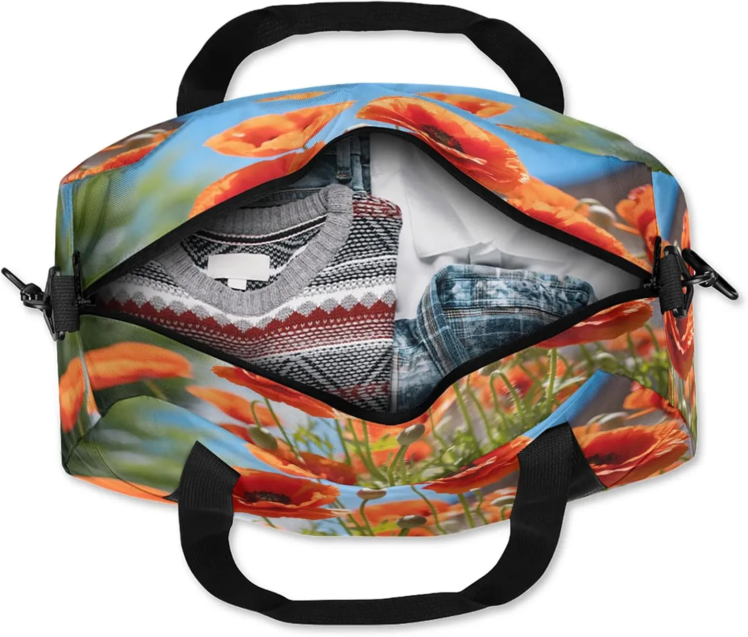 Poppy Flower Leaves Pattern Kids Duffel Bag Lightweight Waterproof Sports Gym Bag with Front Zipper Pocket Foldable Weekender Overnight Bag for School Practice Gymnastic Ballet