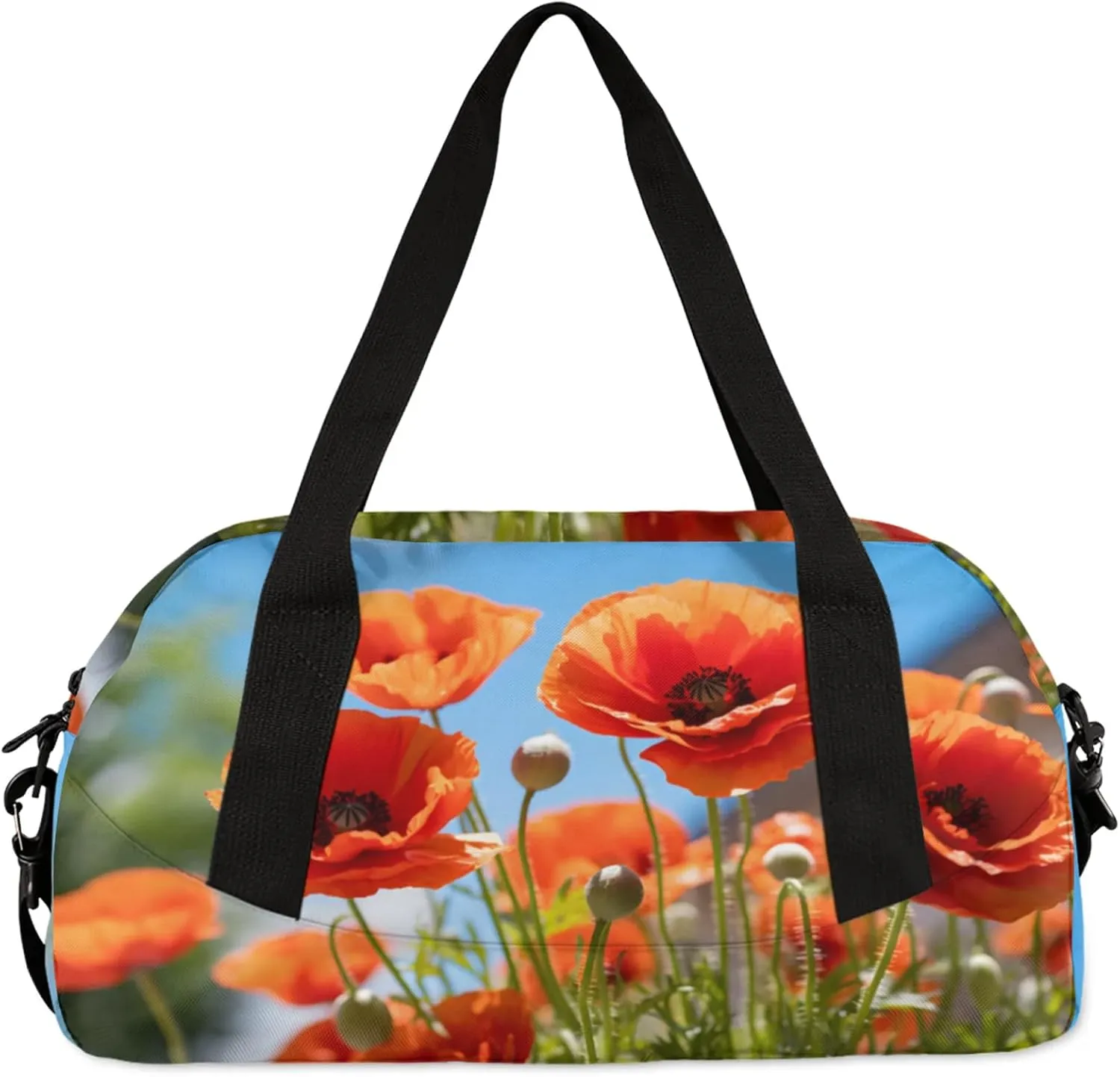 Poppy Flower Leaves Pattern Kids Duffel Bag Lightweight Waterproof Sports Gym Bag with Front Zipper Pocket Foldable Weekender Overnight Bag for School Practice Gymnastic Ballet