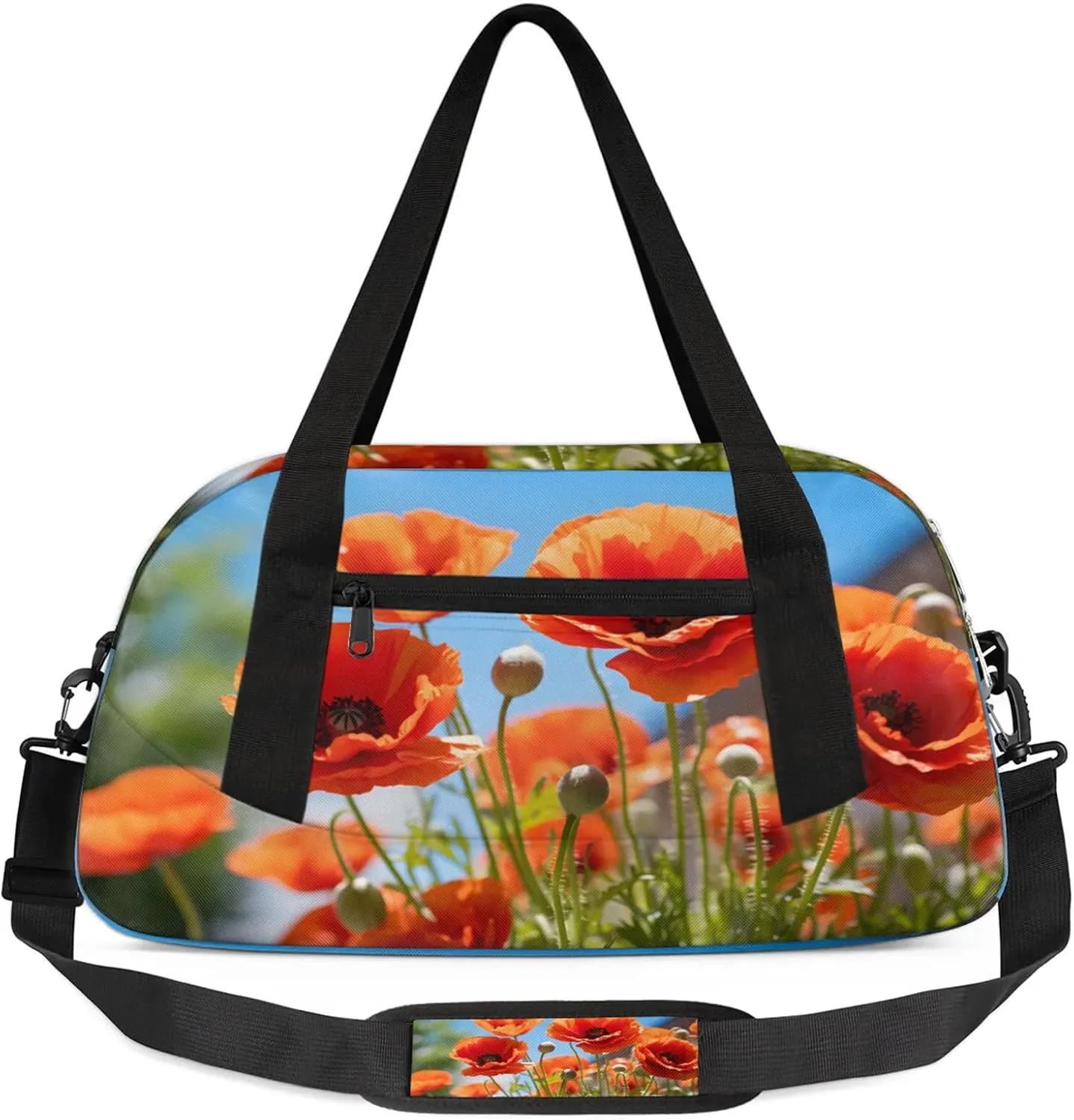 Poppy Flower Leaves Pattern Kids Duffel Bag Lightweight Waterproof Sports Gym Bag with Front Zipper Pocket Foldable Weekender Overnight Bag for School Practice Gymnastic Ballet