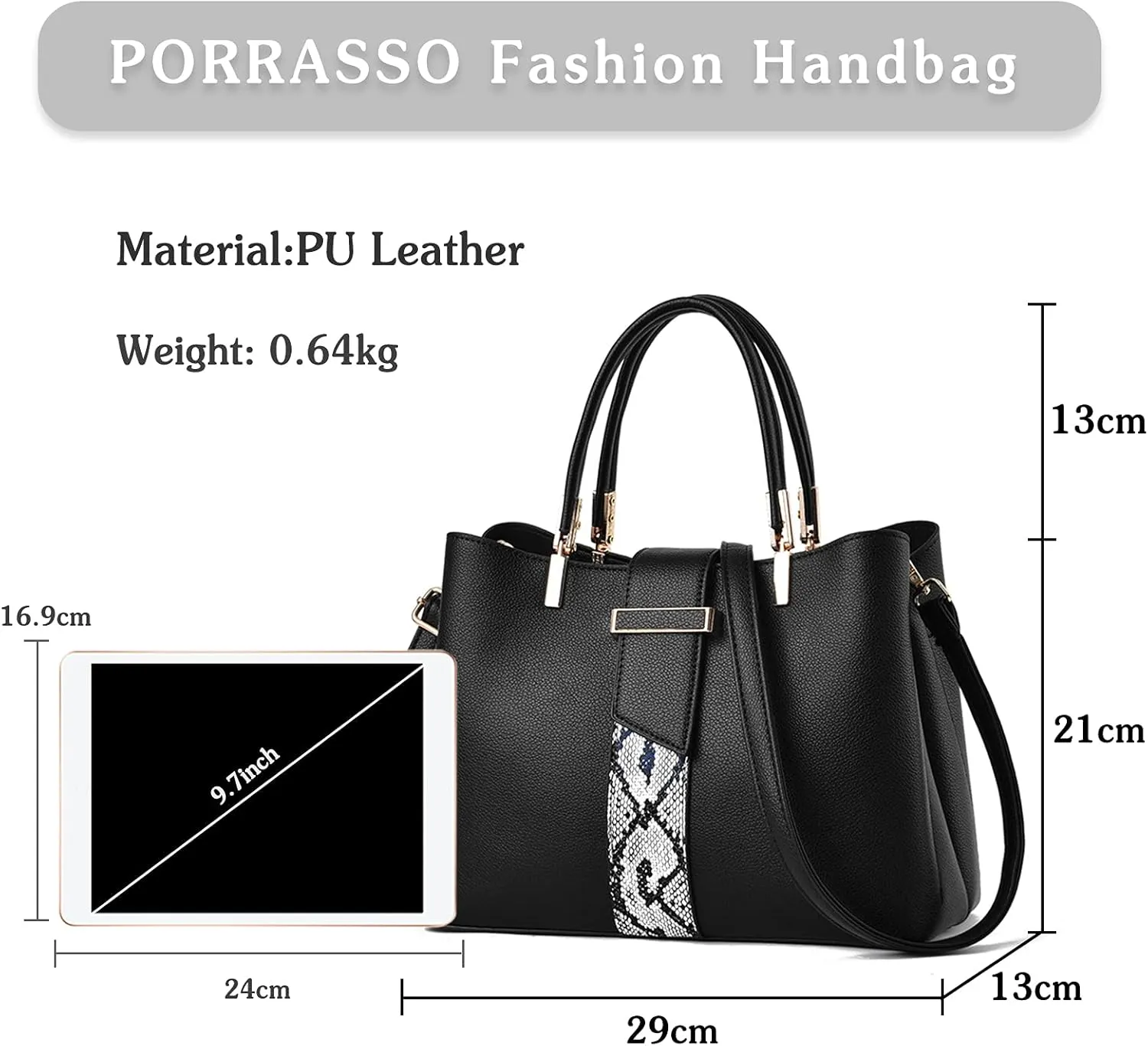 PORRASSO Handbag Women Top-Handle Bags Fashion Shoulder Bag Ladies Satchel PU Leather Waterproof Crossbody Tote Bag for Work Daily Use Black