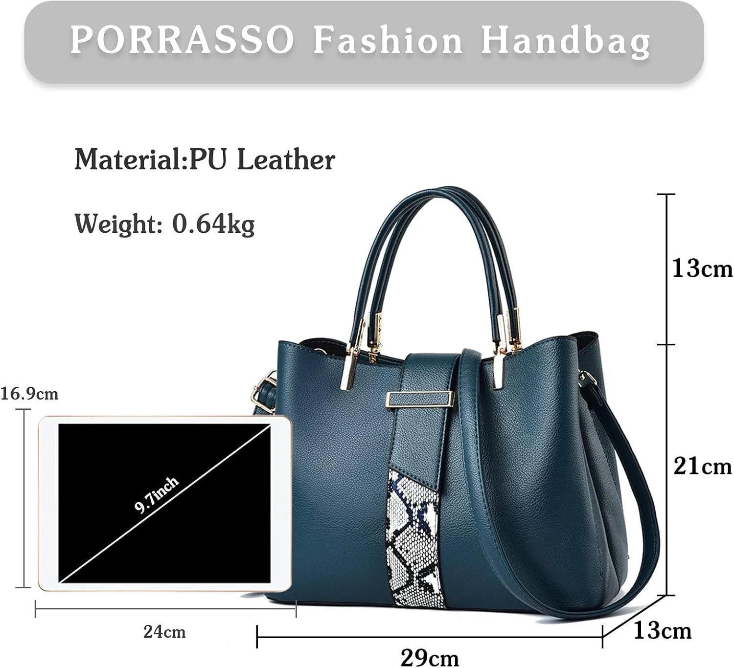 PORRASSO Handbag Women Top-Handle Bags Fashion Shoulder Bag Ladies Satchel PU Leather Waterproof Crossbody Tote Bag for Work Daily Use Blue