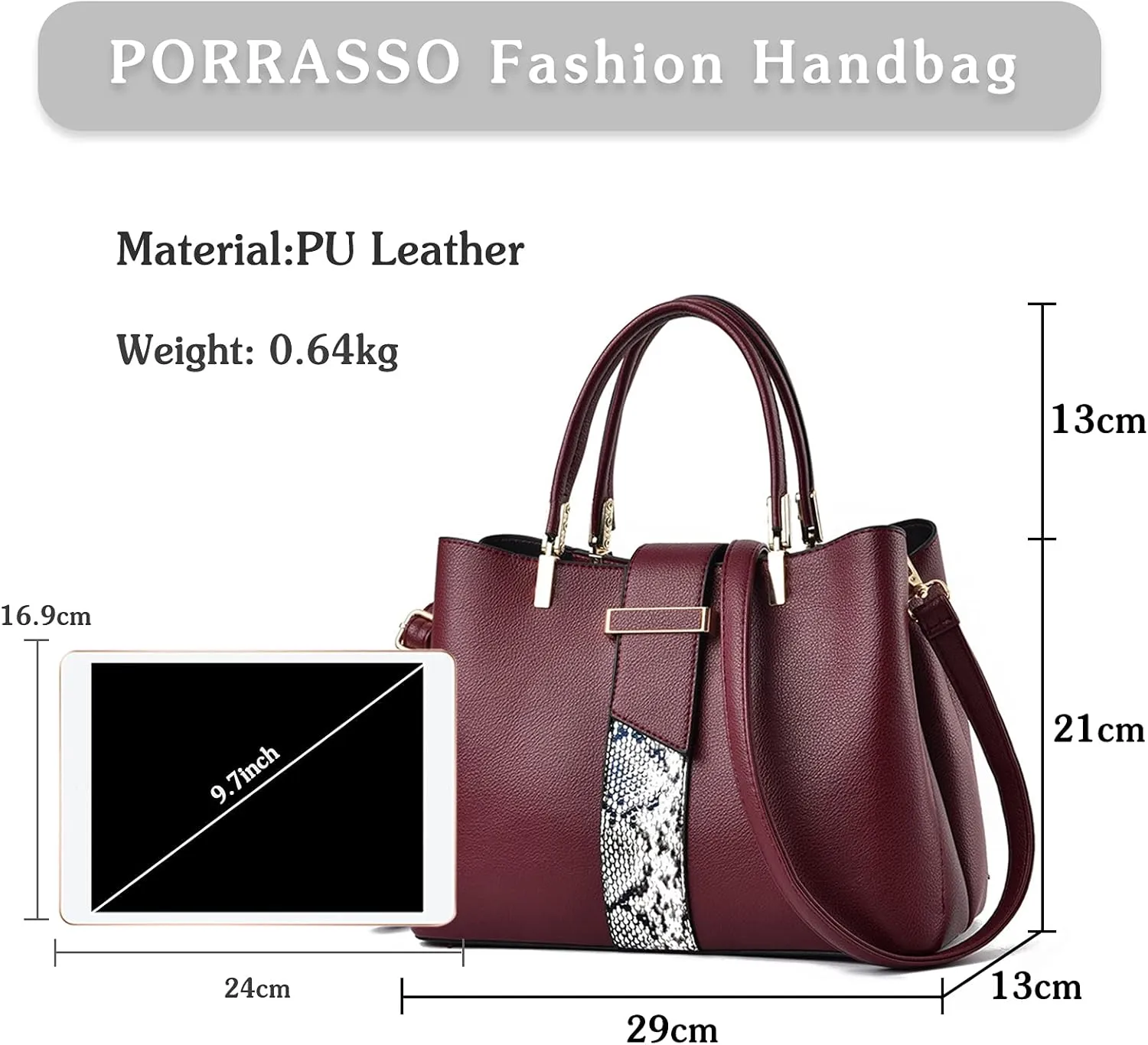 PORRASSO Handbag Women Top-Handle Bags Fashion Shoulder Bag Ladies Satchel PU Leather Waterproof Crossbody Tote Bag for Work Daily Use Red