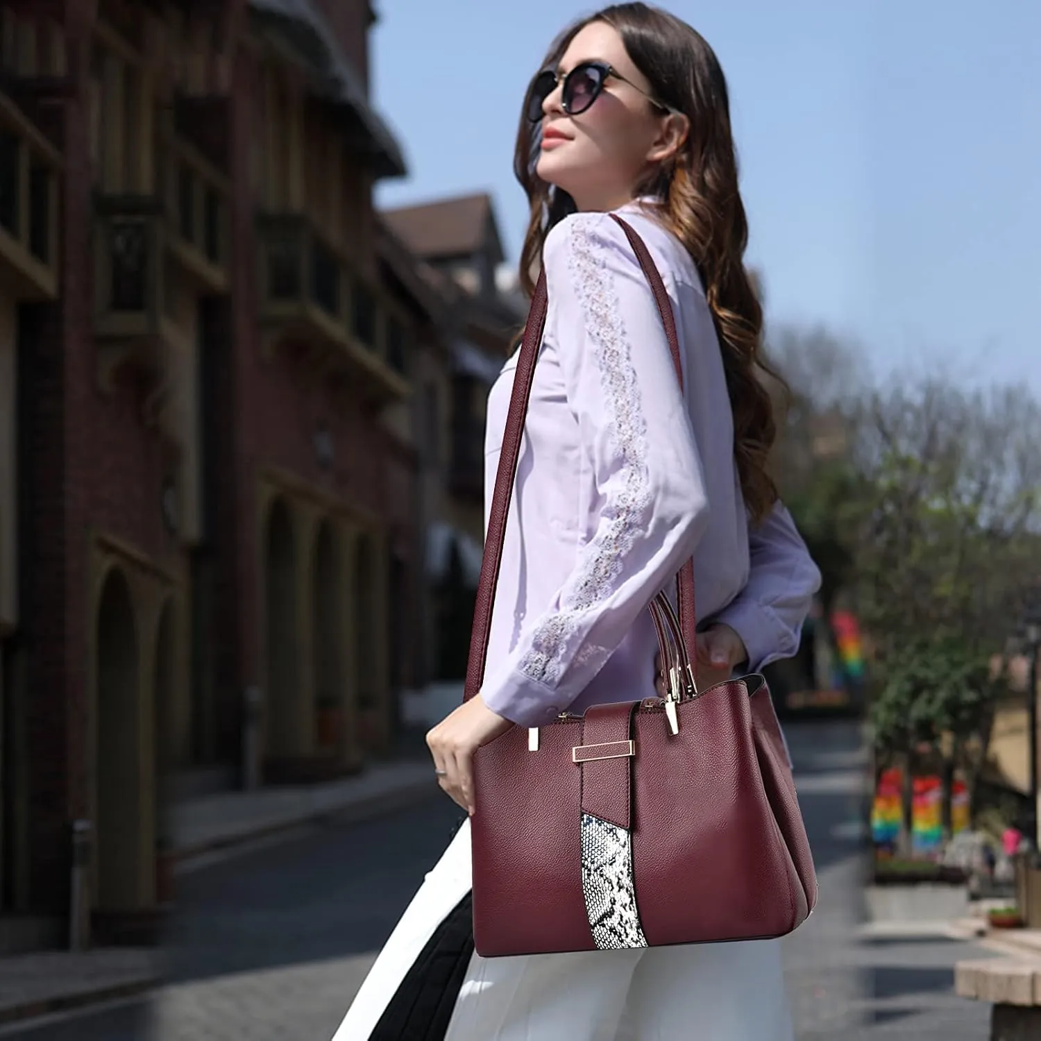 PORRASSO Handbag Women Top-Handle Bags Fashion Shoulder Bag Ladies Satchel PU Leather Waterproof Crossbody Tote Bag for Work Daily Use Red