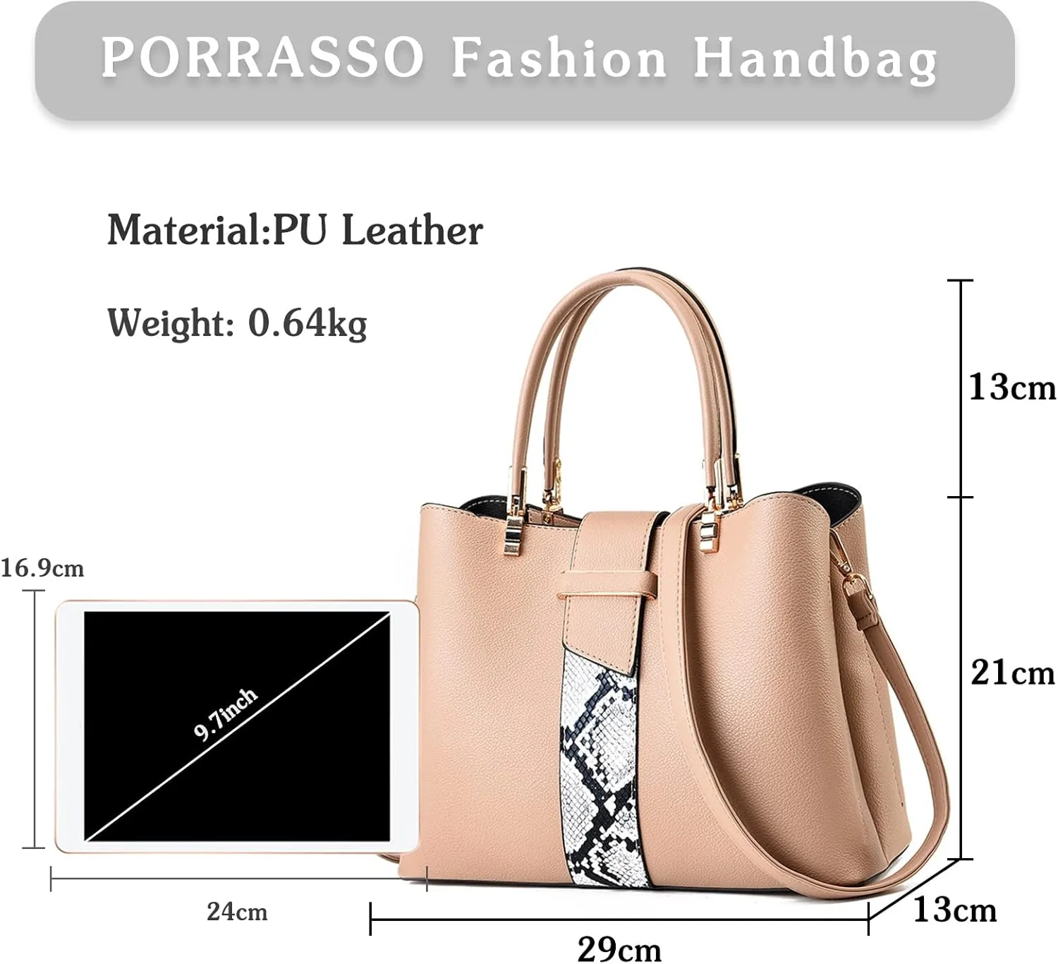 PORRASSO Women's Classic Elegant Apricot Satchel Handbag, 29x13x21 cm, Top Handle & Crossbody, Waterproof, PU Leather