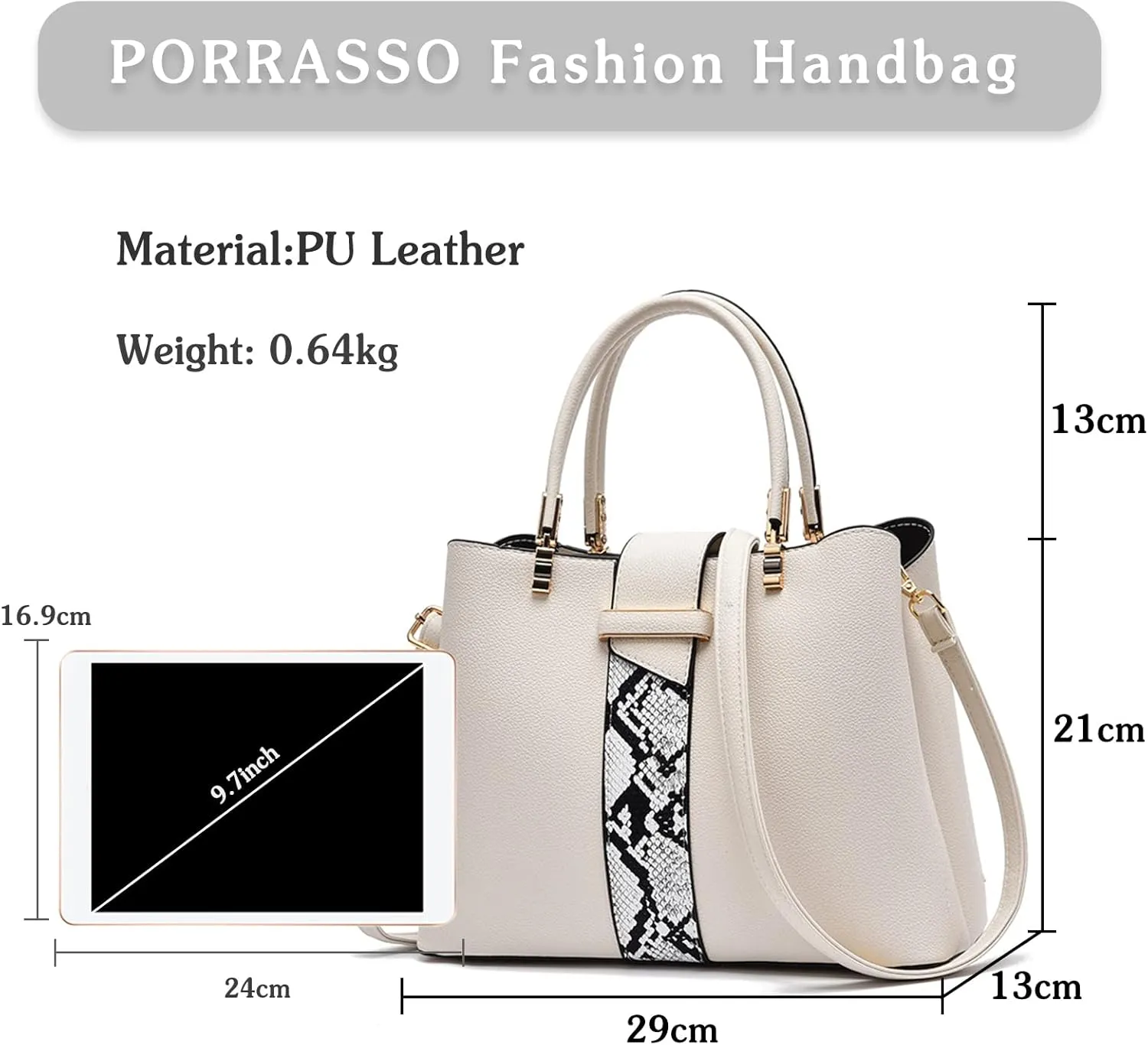 PORRASSO Women's Classic Elegant White Snakeskin Pattern PU Leather Handbag, Large Satchel, Top Handle & Detachable Shoulder Strap, Waterproof, 29x13x21cm, 0.64kg