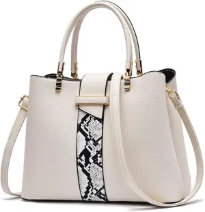 PORRASSO Women's Classic Elegant White Snakeskin Pattern PU Leather Handbag, Large Satchel, Top Handle & Detachable Shoulder Strap, Waterproof, 29x13x21cm, 0.64kg