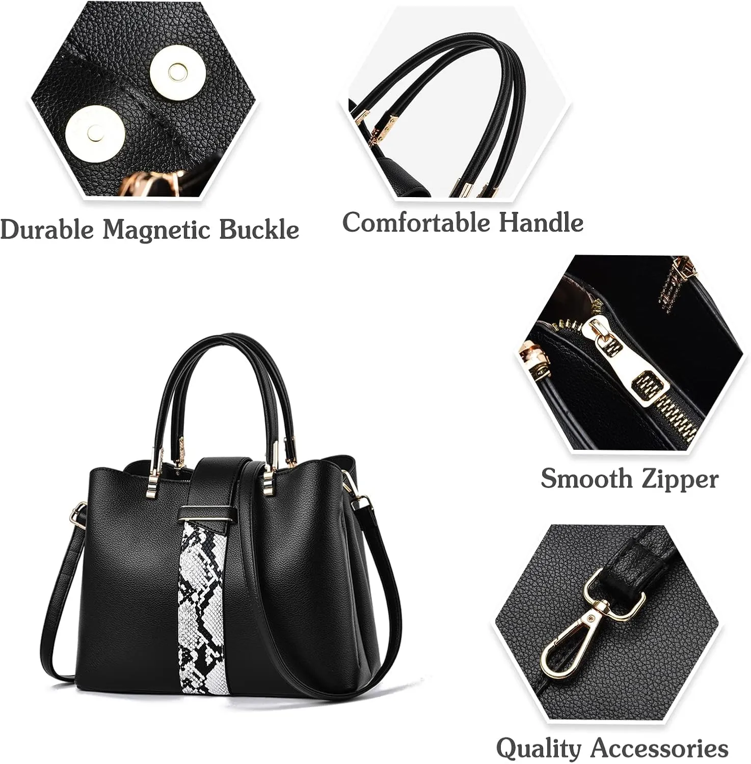 PORRASSO Women's Classic Elegant White Snakeskin Pattern PU Leather Handbag, Large Satchel, Top Handle & Detachable Shoulder Strap, Waterproof, 29x13x21cm, 0.64kg