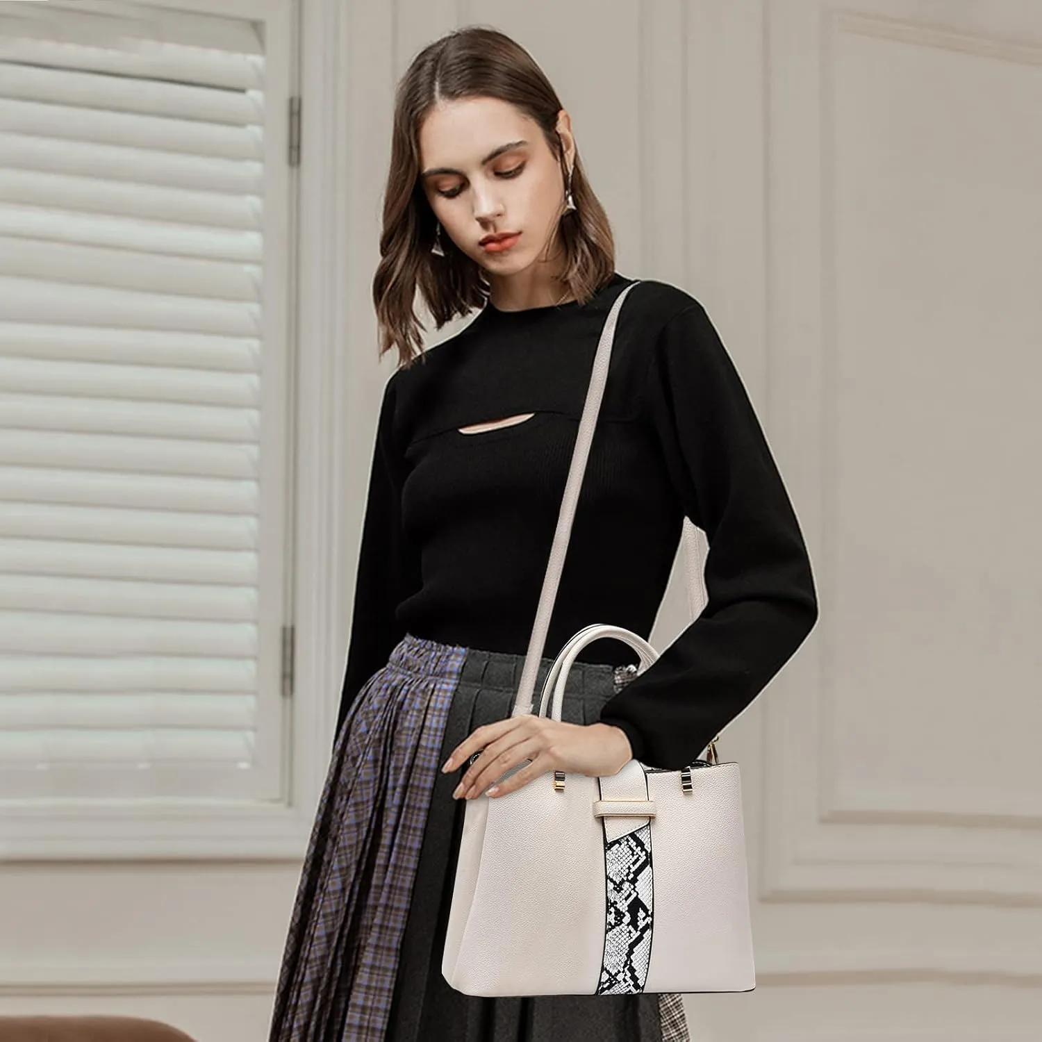 PORRASSO Women's Classic Elegant White Snakeskin Pattern PU Leather Handbag, Large Satchel, Top Handle & Detachable Shoulder Strap, Waterproof, 29x13x21cm, 0.64kg