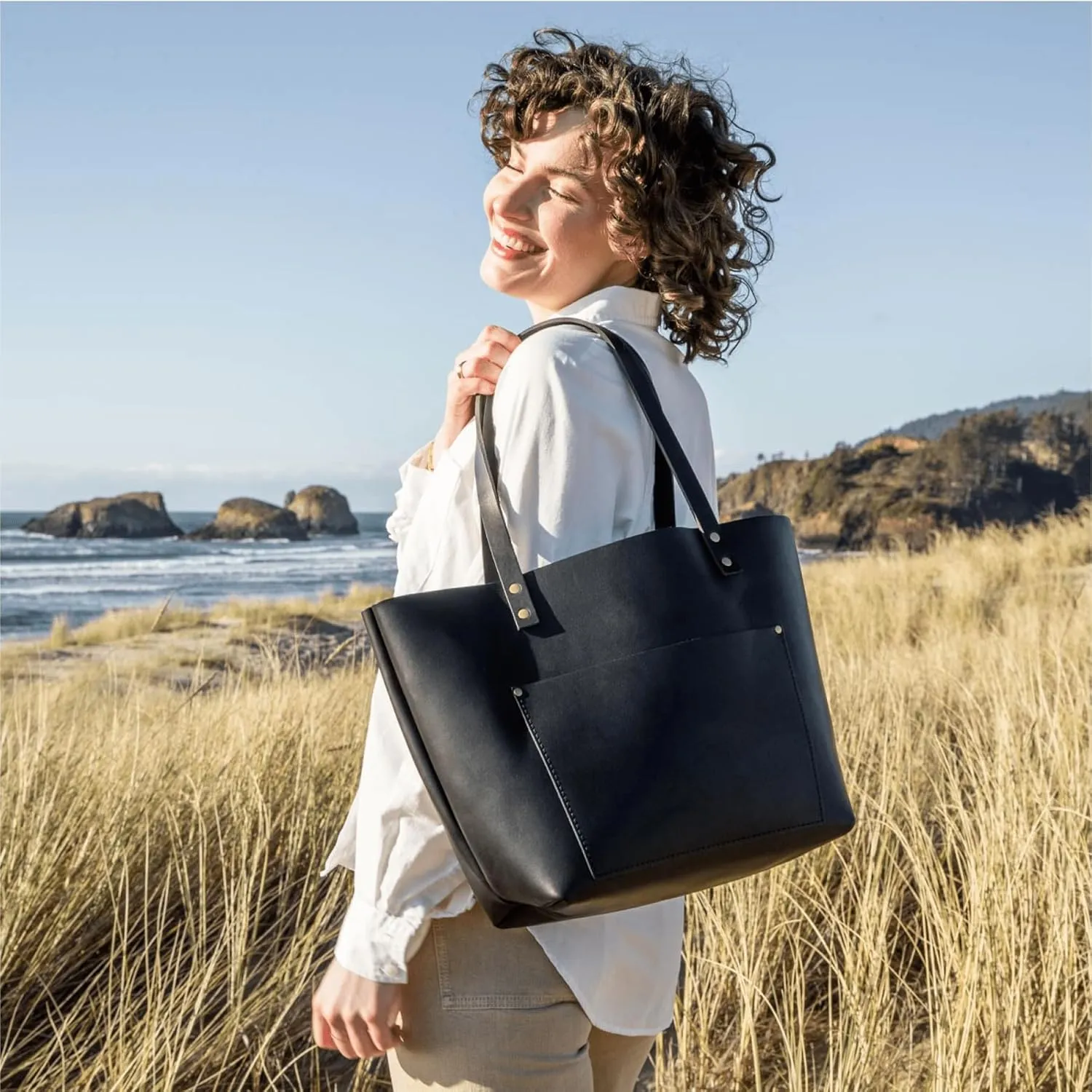 Portland Leather Goods Classic Medium Tote Bag – Handmade, Open Top, Durable & Unlined – Interior & Exterior Pockets