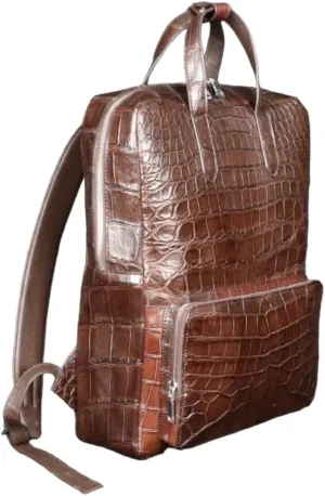 Premium leather unisex Casual laptop backpacks, expensive hiking travel backpack genuine crocodile alligator leather skin (Brown crocodile belly leather)