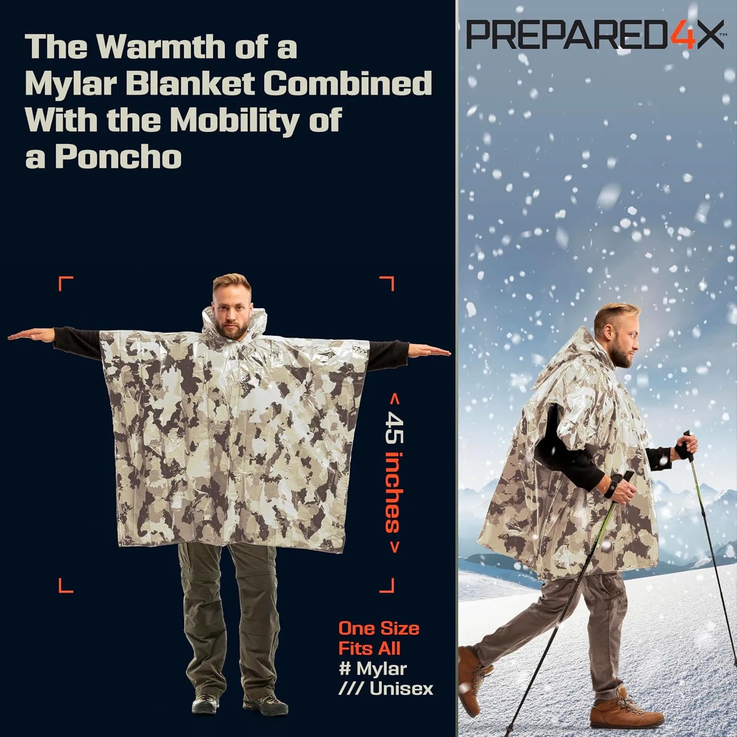 PREPARED4X Emergency Poncho and Mylar Blanket Liner - Waterproof, Wind-Resistant Green Outdoor Rain Poncho for Camping and Car Emergencies