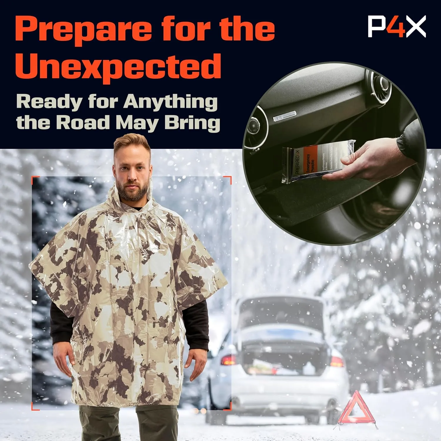PREPARED4X Emergency Poncho and Mylar Blanket Liner - Waterproof, Wind-Resistant Green Outdoor Rain Poncho for Camping and Car Emergencies