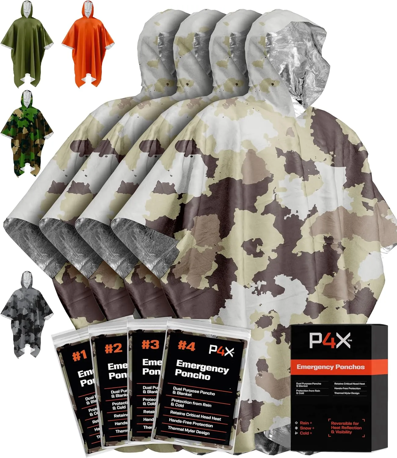 PREPARED4X Emergency Poncho and Mylar Blanket Liner - Waterproof, Wind-Resistant Green Outdoor Rain Poncho for Camping and Car Emergencies
