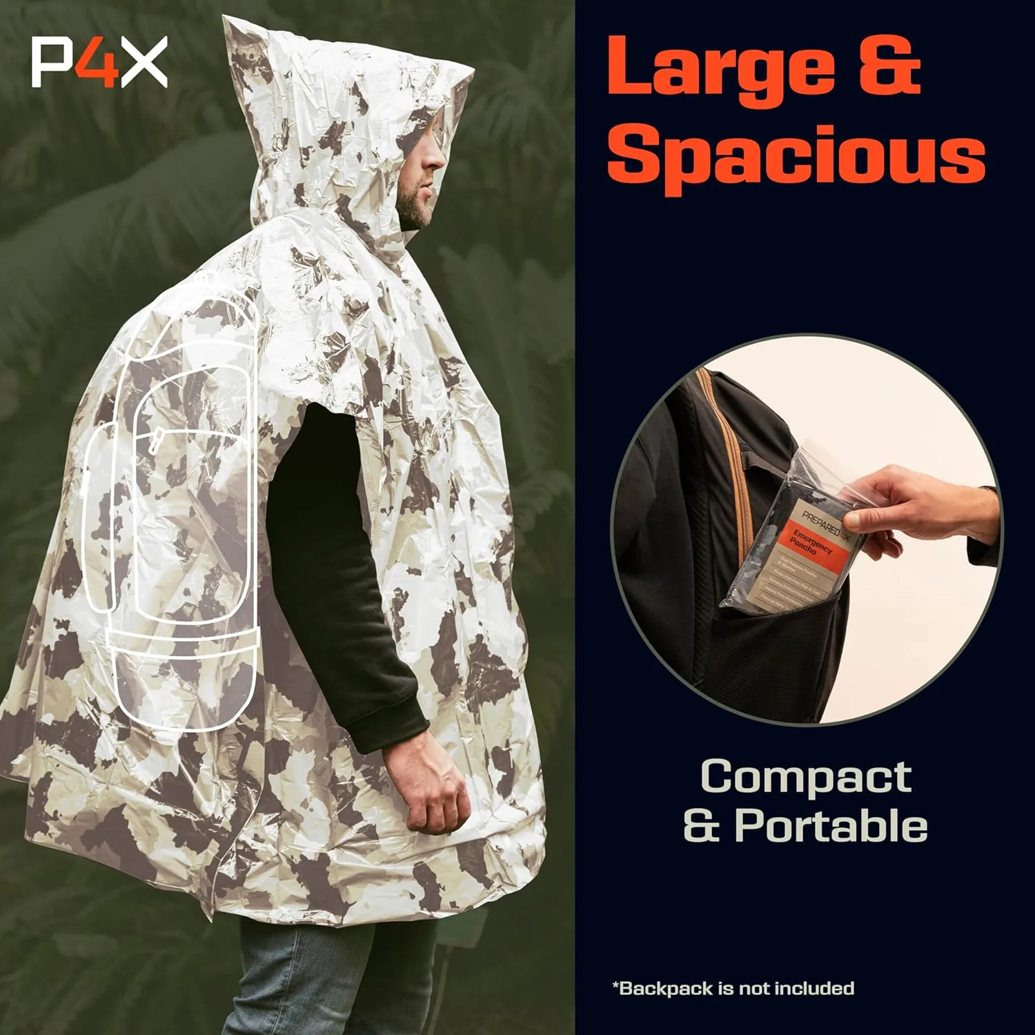 PREPARED4X Emergency Poncho and Mylar Blanket Liner - Waterproof, Wind-Resistant Green Outdoor Rain Poncho for Camping and Car Emergencies