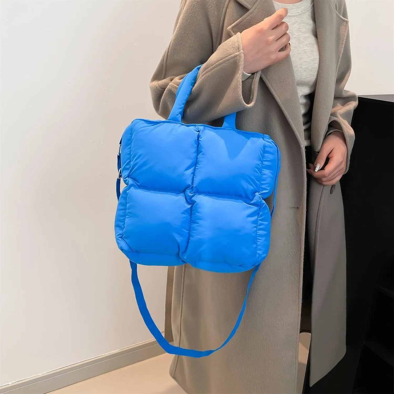 Puffer Tote Bag for Women, Small Quilted Puffy Handbag Cotton Padded Trendy Satchel Shoulder Crossbody Purse