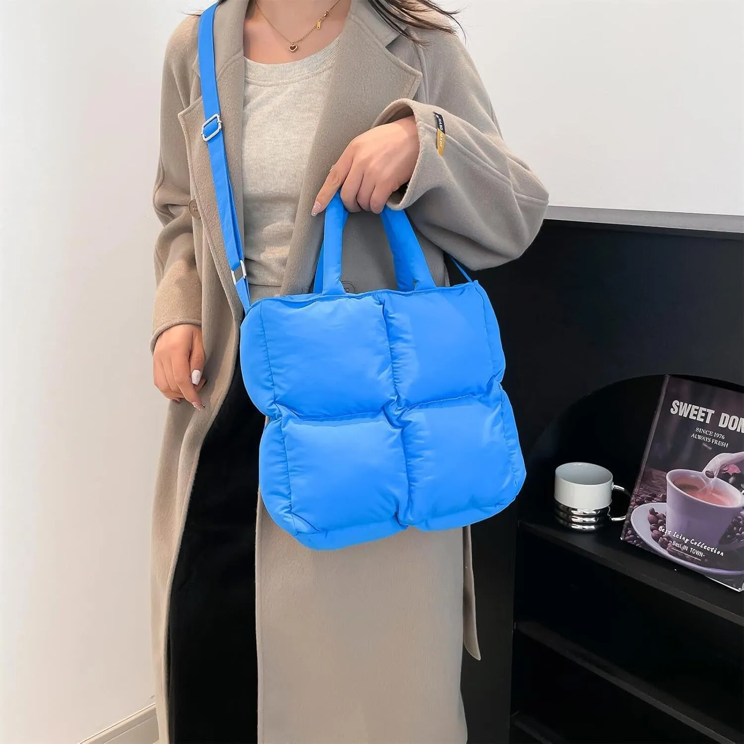 Puffer Tote Bag for Women, Small Quilted Puffy Handbag Cotton Padded Trendy Satchel Shoulder Crossbody Purse