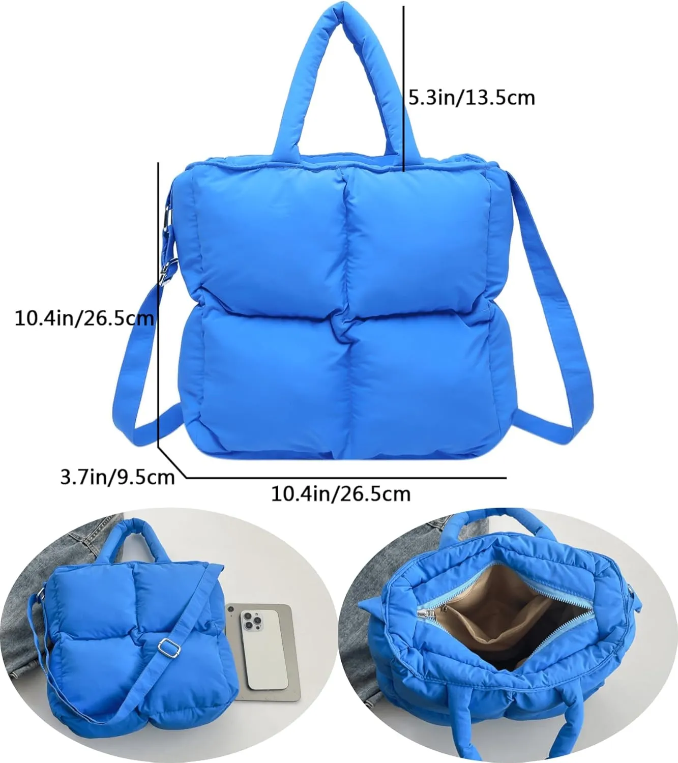 Puffer Tote Bag for Women, Small Quilted Puffy Handbag Cotton Padded Trendy Satchel Shoulder Crossbody Purse