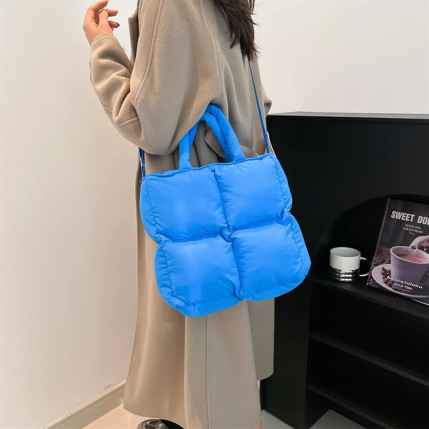 Puffer Tote Bag for Women, Small Quilted Puffy Handbag Cotton Padded Trendy Satchel Shoulder Crossbody Purse