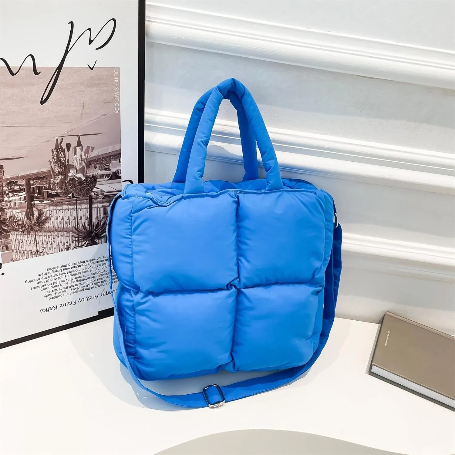 Puffer Tote Bag for Women, Small Quilted Puffy Handbag Cotton Padded Trendy Satchel Shoulder Crossbody Purse