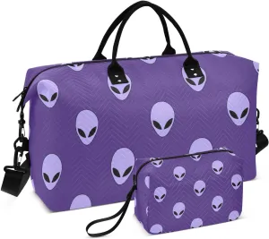 Purple Alien Head Travel Gym Duffel Bag Quilted Weekender Bags Carry on Overnight Tote Bag for Women Men