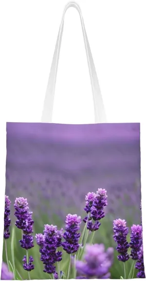 Purple Lavender Colored Flowers Print Canvas Tote Bag Reusable Shoulder Shopping Bags For Daily Use Shopping Travel